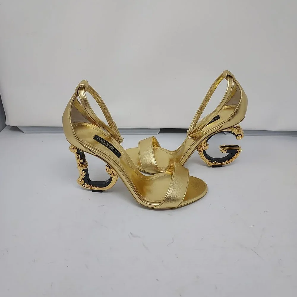 DOLCE&GABBANA Sculpted-Heel Metallic Leather Sandals - Picture 7 of 10